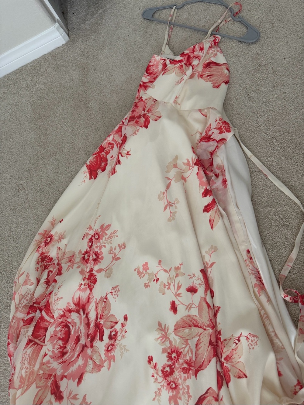 Floral Spaghetti-Strap Maxi Dress - Cream with Red Bloom Print